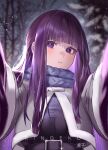  1girl :t absurdres alternate_costume blunt_bangs blush breasts closed_mouth coat commentary fern_(sousou_no_frieren) highres imminent_hug large_breasts long_hair looking_at_another looking_at_viewer meme official_alternate_costume outstretched_arms pout pov pov_cheek_warming_(meme) purple_eyes purple_hair purple_pupils ringeko-chan scarf snow snowing solo sousou_no_frieren spread_arms straight_hair upper_body winter_clothes winter_coat 