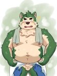 2023 absurd_res anthro balls belly big_belly black_nose blush bodily_fluids canid canine canis censored domestic_dog duo flaccid genitals green_body hi_res kemono lifewonders live_a_hero male mammal micropenis mokdai moobs navel nipples overweight overweight_male penis simple_background small_penis solo_focus steam surprise sweat towel towel_around_neck yaki_atsuage