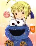  :3 =_= ahoge artoria_pendragon_(all) bad_id bad_pixiv_id blonde_hair candy chibi cookie cookie_monster crossover fate/stay_night fate_(series) food googly_eyes heart lollipop lowres paipu_akatsuki saber sesame_street 