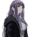  1girl black_coat black_robe blunt_bangs breasts coat cut_bangs dress expressionless eyelashes fern_(sousou_no_frieren) hair_behind_ear hair_over_breasts highres large_breasts long_hair looking_at_viewer looking_to_the_side open_clothes open_coat pikuson purple_eyes purple_hair robe sidelocks solo sousou_no_frieren straight_hair white_dress 