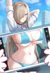  1girl absurdres arms_up asuna_(blue_archive) bikini black_choker blonde_hair blue_archive blue_bikini blue_eyes blue_sky breasts buta_dong cellphone choker cloud day grin hair_over_one_eye highres large_breasts long_hair looking_at_viewer navel outdoors phone school_uniform shirt sky smartphone smile solo stomach swimsuit taking_picture very_long_hair white_shirt 