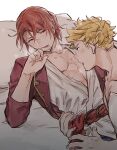  2boys bara bed belt blonde_hair blush couple granblue_fantasy green_eyes jacket looking_at_another male_focus multiple_boys muscular muscular_male on_bed open_clothes open_jacket open_mouth pectorals percival_(granblue_fantasy) pillow red_belt red_eyes red_hair red_jacket shirt short_hair touya_tsuzuru vane_(granblue_fantasy) white_shirt yaoi 