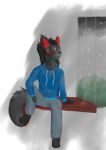 alexzandr_sokolov anthro black_body black_fur black_hair black_nose blue_clothing businessfox clothing digitigrade fur hair hoodie male markings red_ears red_eyes red_markings sitting slacks snow solo suit topwear window