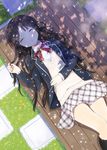  bench black_hair black_legwear blazer cherry_blossoms closed_eyes dappled_sunlight grass jacket kneehighs kurasawa_moko lying on_back original pleated_skirt school_uniform skirt sleeping solo sunlight vest 