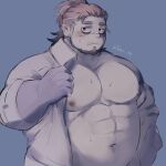  1boy bags_under_eyes bara bare_pectorals belly blush boogeyman_(housamo) brown_hair facial_hair goatee hiramushi_(yusan_137) large_pectorals looking_at_viewer looking_to_the_side male_focus mature_male multicolored_hair muscular muscular_male mustache_stubble nipples opened_by_self pectorals plump red_eyes sanpaku solo sweat thick_eyebrows tokyo_afterschool_summoners two-tone_hair 