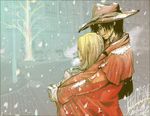  al_toyonao alucard_(hellsing) couple hat hellsing hug integra_hellsing smoke snow 