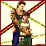  1girl asia_airport billy_coen blue_eyes brown_hair bulletproof_vest capcom caution_tape choker couple cuffs dog_tags fingerless_gloves gift gloves handcuffs height_difference hetero hug hug_from_behind keep_out lowres rebecca_chambers resident_evil resident_evil_0 short_hair tank_top tattoo 