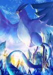  animal_focus articuno artist_name beak bird blue_fur blue_sky cloud commentary_request floating nanami_lusia no_humans pokemon pokemon_(creature) red_eyes sky sunlight tail talons twitter_username watermark white_fur wings 