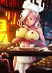 apron apron_only clothing cookie dough elf female food freckles_on_face hair hi_res humanoid humanoid_pointy_ears krakenkatz not_furry red_eyes solo white_hair