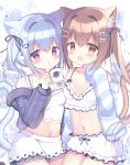  2girls :d :o animal_ear_fluff azumi_kazuki blue_hair blue_jacket blush bow breasts brown_eyes brown_hair camisole commentary_request crop_top cup frilled_shorts frills hair_between_eyes hair_bow hair_intakes hair_ornament hairclip highres holding holding_cup hood hood_down hooded_jacket jacket long_hair long_sleeves midriff mug multiple_girls navel off_shoulder open_clothes open_jacket original parted_lips puffy_long_sleeves puffy_sleeves purple_eyes short_shorts shorts sleeves_past_wrists small_breasts smile star_(symbol) striped striped_jacket twintails very_long_hair white_bow white_camisole white_shorts 