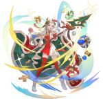  1girl attack blue_eyes cape christmas_ornaments cookie diamond_print dress edelgard_von_hresvelg edelgard_von_hresvelg_(snowfall_future) fake_horns fire_emblem fire_emblem:_three_houses fire_emblem_heroes food gift gingerbread_man gloves green_cape high_heels holding holding_polearm holding_weapon horns long_hair multicolored_clothes multicolored_dress official_alternate_costume official_art open_mouth polearm red_cape red_dress red_thighhighs solo teeth teffish thighhighs upper_teeth_only v-shaped_eyebrows weapon white_dress white_footwear white_gloves white_hair 