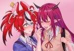  2girls animal_ears black_hair blue_eyes blush chocolate feeding hakos_baelz highres hololive hololive_english horns irys_(hololive) long_hair mouse_ears mouse_girl multicolored_hair multiple_girls open_mouth pink_background pointy_ears purple_hair ranox red_hair school_uniform streaked_hair twintails very_long_hair virtual_youtuber white_hair 