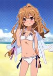  absurdres aisaka_taiga bikini brown_eyes brown_hair day flat_chest highres jacket_on_shoulders long_hair navel outdoors smile solo swimsuit tanaka_masayoshi toradora! 