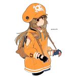  1girl bike_shorts black_gloves brown_eyes brown_hair cabbie_hat fingerless_gloves gloves guilty_gear guilty_gear_strive hat hat_ornament highres hood hoodie long_hair looking_at_viewer may_(guilty_gear) orange_headwear orange_hoodie samecan_fa simple_background skull_and_crossbones skull_hat_ornament 