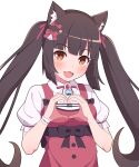  1girl :3 absurdres animal_ear_fluff animal_ears blunt_bangs blunt_ends blush bow brown_eyes brown_hair cat_ears cat_girl cat_tail chocola_(nekopara) collared_shirt commentary dress fang hair_bow hair_ribbon hands_up happy heart heart_hands highres long_hair looking_at_viewer nekopara open_mouth puffy_short_sleeves puffy_sleeves red_bow red_dress red_ribbon ribbon shirt short_sleeves sidelocks simple_background skin_fang sleeveless sleeveless_dress smile solo tail twintails upper_body very_long_hair white_background white_shirt zlmh7okwwbmghfo 