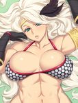  abs amazon_(dragon's_crown) armor bikini_top blonde_hair breasts circlet cleavage dragon's_crown feathers green_eyes hair_feathers large_breasts lips long_hair lying muscle on_back solo translated uno_makoto very_long_hair 
