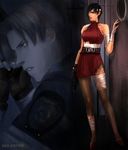  ada_wong asia_airport bandage bandages belt black_gloves black_hair blue_eyes brown_hair china_dress chinadress chinese_clothes dress eyepatch female fingerless_gloves gloves gun leon_s_kennedy male pantyhose police police_uniform resident_evil resident_evil_2 short_hair torn_clothes uniform weapon 