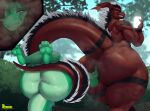 absurd_res anthro anus balls bandai_namco big_balls big_butt big_tail black_body black_fur black_mane butt crocodile crocodilian crocodylid digimon digimon_(species) draeusz dragon duo fur genitals green_body green_scales growlmon hair head_in_ass hi_res horn huge_balls huge_butt huge_tail hybrid looking_back male male/male mammal mane mephitid miasmagrowlmon muscular muscular_anthro muscular_male nude red_body red_horn red_scales reptile scales scalie sendek skunk tail tongue white_body white_fur white_mane yellow_eyes