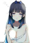 1girl :o aties20 bare_arms bare_shoulders black_hair blue_eyes blue_hair collarbone commentary_request dress frilled_dress frills hair_intakes hand_up hololive hololive_english long_hair looking_at_viewer multicolored_hair ouro_kronii parted_lips simple_background sleeveless sleeveless_dress solo strap_slip two-tone_hair upper_body very_long_hair virtual_youtuber white_background white_dress 