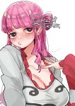  1girl azuki_sena breasts cleavage highres lips long_hair looking_at_viewer one_piece perona pink_hair shirt simple_background solo 
