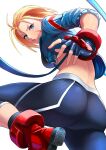  1girl absurdres antenna_hair ass blonde_hair blue_eyes blue_gloves blue_jacket cammy_white commentary_request crop_top cropped_jacket fingerless_gloves gloves highres jacket kunimaki looking_back open_clothes open_jacket pants parted_lips pink_lips red_footwear short_hair simple_background solo street_fighter street_fighter_6 white_background yoga_pants 