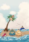  alolan_exeggutor animal_focus archen artist_name bird blue_sky closed_eyes cloud commentary_request duck fangs highres horizon munchlax no_humans open_mouth outdoors pokemon pokemon_(creature) psyduck sand shuckle sky sunglasses tatsugiri tatsugiri_(droopy) twitter_username wailmer water wingull zozozoshion 