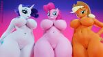 3d_(artwork) absurd_res anthro applejack_(mlp) areola biped breasts clothing cowboy_hat digital_media_(artwork) equid equine eyelashes female floppyhuman freckles friendship_is_magic genitals group hair hasbro hat headgear headwear hi_res horn mammal my_little_pony navel nipples nude pink_body pinkie_pie_(mlp) pupils purple_hair pussy rarity_(mlp) smile thick_thighs trio unicorn white_body wide_hips