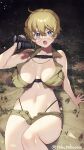  1girl binoculars blonde_hair blue_eyes blush breasts brown_shorts brown_skirt chest_strap cleavage collared_shirt glasses hair_between_eyes highleg highleg_panties highres holding holding_binoculars large_breasts looking_at_viewer midriff murata_tefu navel on_ground open_clothes open_fly open_mouth open_shirt original panties revealing_clothes round_eyewear shirt short_hair short_shorts shorts skirt torn_clothes unbuttoned underwear 