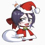  1girl alternate_costume animalization black_eyes black_hair bleach bow capelet chibi dress fur-trimmed_capelet fur-trimmed_dress fur_trim hair_bow hat highres holding holding_sack kuchiki_rukia kurosaki_ichigo meme open_mouth orange_hair padoru_(meme) rabbit red_bow red_capelet red_dress red_headwear sack santa_costume santa_dress santa_hat simple_background waligner white_background 