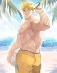  1boy :o absurdres ass back ball bara beach blonde_hair blue_sky cloud day granblue_fantasy green_eyes highres holding holding_ball large_pectorals looking_back male_focus male_swimwear migi_(mm86262394) muscular muscular_male nipples official_alternate_costume orange_male_swimwear outdoors pectorals sand short_hair sky solo topless_male vane_(granblue_fantasy) vane_(summer)_(granblue_fantasy) water 