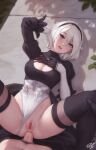  1boy 1girl 2b_(nier:automata) anal black_hairband black_thighhighs blue_eyes breasts cleavage cleavage_cutout clothed_sex clothing_aside clothing_cutout hair_between_eyes hairband hetero highres leotard leotard_aside looking_at_viewer lying medium_breasts missionary nier:automata nier_(series) on_back open_mouth penis personal_ami pov pussy sex short_hair solo_focus teeth thigh_strap thighhighs uncensored upper_teeth_only white_hair white_leotard 
