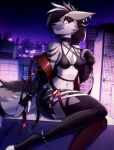 anthro belt bottomwear bra breasts canid canine canis city city_background clothing collar ear_piercing fluffy fluffy_tail hi_res jacket kunstwaffe leash leash_pull leashed_collar legwear mammal piercing shorts solo solo_focus spikes stockings tail thick_thighs thigh_highs topwear underwear wolf