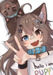  1girl :d animal_collar animal_ears bandaid bandaid_on_face bandaid_on_nose blue_eyes brown_eyes brown_hair clothes_writing collar dog_ears dog_tail fang heterochromia highres idol_corp long_hair looking_at_viewer mittsu pochi_wanmaru pochi_wanmaru_(1st_costume) second-party_source shirt short_sleeves skin_fang smile tail virtual_youtuber w white_shirt wristband 