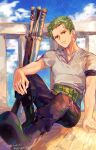  1boy artist_name black_pants blue_sky boots closed_mouth cloud commentary_request girikashi43 green_footwear green_hair highres male_focus multiple_swords one_piece pants roronoa_zoro shirt short_hair sitting sky solo sword twitter_username weapon white_shirt 