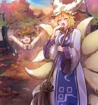  2girls autumn_leaves blonde_hair blue_tabard brown_hair chen dress excited exhausted jacket large_tail leaf morning multiple_girls multiple_tails nekotsuki red_jacket red_skirt shirt skirt sweeping tabard tail touhou white_dress white_shirt yakumo_ran yawning 