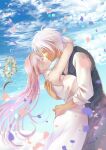  1boy 1girl ahoge alphen_(tales) blue_sky closed_eyes cloud dress falling_petals floating_hair hanasakuraya head_wreath highres hug kiss long_hair outdoors petals shionne_(tales) short_hair signature sky tales_of_(series) tales_of_arise white_dress white_hair 