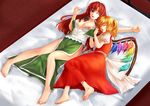  bare_legs barefoot bed blonde_hair blouse blue_eyes bow braid breasts chinese_clothes cleavage closed_eyes feet flandre_scarlet hair_bow highres hong_meiling large_bow large_breasts long_hair long_skirt lying multiple_girls no_bra no_hat no_headwear on_back on_side one_eye_closed open_clothes open_shirt red_hair ryuushou shirt short_hair side_ponytail side_slit skirt sleeping touhou vest wince wings 