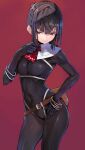  1girl ascot belt belt_pouch black_bodysuit bodysuit bracelet breasts brown_hair commentary_request hand_on_own_chest hand_on_own_hip highres jewelry original pouch red_background red_eyes small_breasts solo taishi_(picchiridou) 