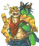  anthro belt biceps blush body_markings chinese_dragon clothing dragon duo feline fundoshi fur gay green_dragon male mammal markings morenatsu muscles nick300 open_mouth pants plain_background shirt stripes tank_top tatsuki tiger topless torahiko_ooshima underwear white_background 