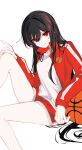 1girl ball basketball_(object) black_hair commentary_request family_crest fate/grand_order fate_(series) hair_between_eyes highres jacket long_hair long_sleeves looking_at_viewer oda_nobunaga_(fate) oda_uri red_eyes red_jacket red_shorts shirt short_shorts shorts sidelocks sitting solo t-shirt thighs track_jacket white_background white_shirt yui_(tamagohan) 