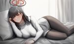  1girl absurdres black_hair black_pantyhose blue_archive blush breasts closed_mouth gileu hair_ornament halo highres indoors large_breasts long_hair long_sleeves looking_at_viewer pantyhose pillow red_eyes rio_(blue_archive) solo sweater thighs white_sweater 