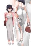  1girl bag black_hair blue_eyes breasts cleavage dongtan_dress dress grey_dress highres hong_doo kill_la_kill large_breasts long_sleeves looking_at_viewer mask matoi_ryuuko meme_attire mouth_mask multicolored_hair red_hair streaked_hair taut_clothes taut_dress two-tone_hair white_dress white_mask 