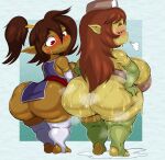 big_butt biped blush bodily_fluids brown_hair butt clothed clothing duo female goblin green_body green_skin hair hand_on_hip hi_res huge_butt humanoid no_underwear pupils purple_yoshi_draws sweat teeth thick_thighs