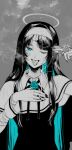  1girl absurdres ado_(utaite) bandaid bandaid_on_face blue_eyes blue_flower blue_rose capelet chando_(ado) cigarette cloud_nine_inc commentary daisukisan finger_gun finger_gun_to_head flower greyscale halo highres holding holding_cigarette kamippoina_(vocaloid) long_hair looking_at_viewer mole mole_under_eye monochrome neck_ribbon one_eye_closed piercing ribbon rose sidelocks smoke solo spot_color tongue tongue_out tongue_piercing upper_body utaite 