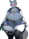 anthro big_breasts biped breasts canid canine chest_tuft clothed clothing eyelashes female holding_object holding_weapon huge_breasts legwear looking_at_viewer mammal one_eye_closed pupils smile solo thigh_highs tuft utterangle weapon wink