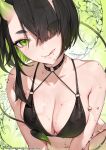  1girl absurdres artist_name bare_arms bare_shoulders bikini black_bikini black_choker black_hair blush breasts choker cleavage closed_mouth collarbone colored_inner_hair green_eyes green_hair hair_over_one_eye halterneck highres horns large_breasts licking_lips looking_at_viewer mole mole_on_breast monosucre multicolored_hair navel o-ring oni_horns original paid_reward_available parted_lips short_hair skin-covered_horns smile solo swimsuit tongue tongue_out two-tone_hair upper_body water wet 