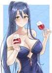  1girl absurdres alcohol areez.ez blue_hair blush breasts cleavage_cutout clothing_cutout cup dress drinking_glass eiyuu_densetsu glass hair_between_eyes highres large_breasts laura_s._arseid long_hair looking_at_viewer ponytail sen_no_kiseki smile solo watermark wine wine_glass yellow_eyes 