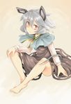  animal_ears barefoot blush capelet face feet grey_hair harusame_(unmei_no_ikasumi) jewelry mouse_ears mouse_tail nazrin pendant red_eyes short_hair sitting skirt solo tail touhou 