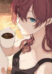  1girl bare_shoulders black_shirt blue_eyes breasts brown_hair cleavage close-up closed_mouth collarbone cup from_above from_side hair_between_eyes hands_up holding holding_cup holding_paper ichinose_shiki idolmaster idolmaster_cinderella_girls idolmaster_cinderella_girls_starlight_stage long_hair looking_at_viewer looking_up medium_breasts nail_polish orange_nails paper sawarakajin shirt sleeveless sleeveless_shirt solo wavy_hair wooden_floor 