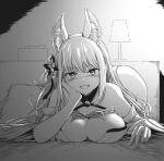  1girl :d all_fours animal_ear_fluff animal_ears bare_shoulders blush breasts cleavage flower fox_ears fox_girl greyscale hair_flower hair_ornament head_rest indie_virtual_youtuber indoors kamishiro_natsume kitsune large_breasts leaning_forward long_hair looking_at_viewer lying monochrome nose on_stomach open_mouth shiina_nami smile solo virtual_youtuber 